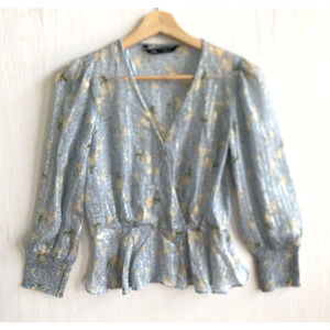 ZARA Blue Sheer Floral Surplice Neck Blouse Smocked Cuff Ruffle Hem Size XS
